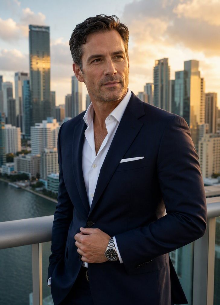 Confident Miami businessman in a tailored suit on a high-rise balcony overlooking the Brickell skyline