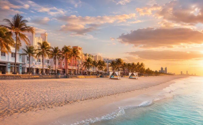 South Beach Miami at golden hour with palm trees and art deco buildings along Ocean Drive