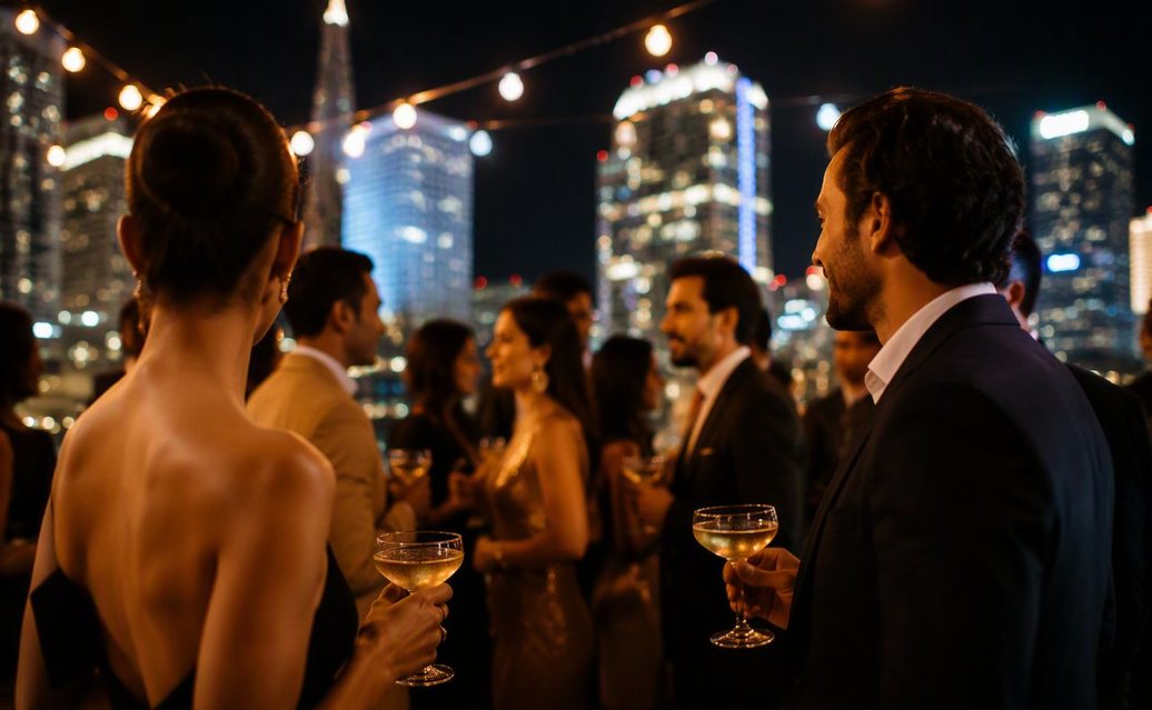 Exclusive rooftop cocktail event in downtown Miami at night with skyline lights