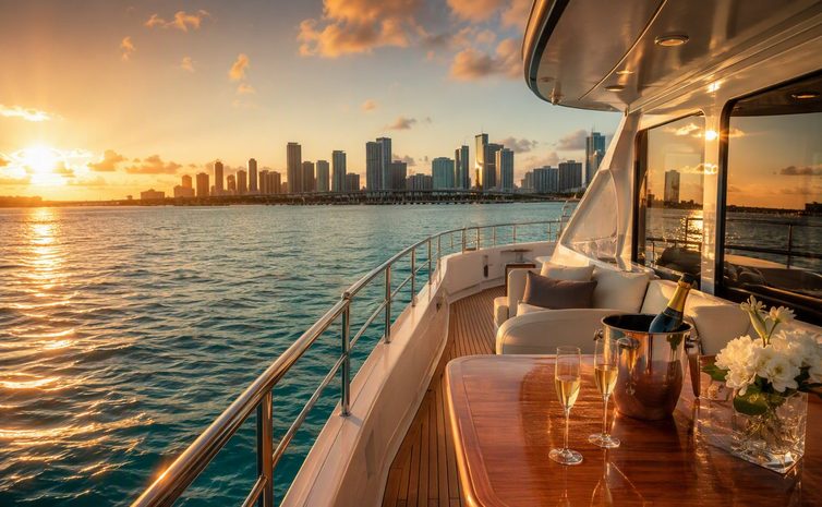 Luxury yacht cruising Biscayne Bay at sunset with the Miami skyline in the distance