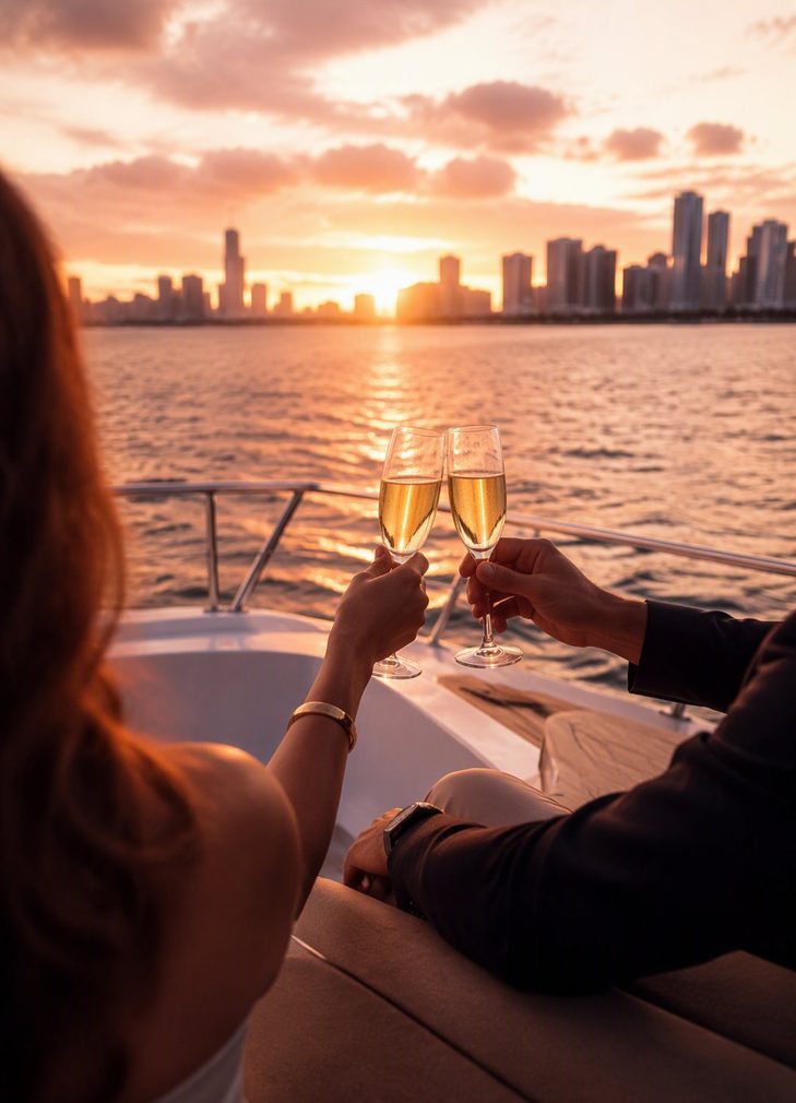Couple toasting champagne glasses on a yacht deck at sunset over Biscayne Bay, Miami