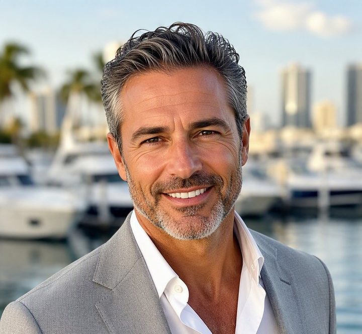 James, verified sugar daddy member in Brickell, at a Miami marina with yachts behind him