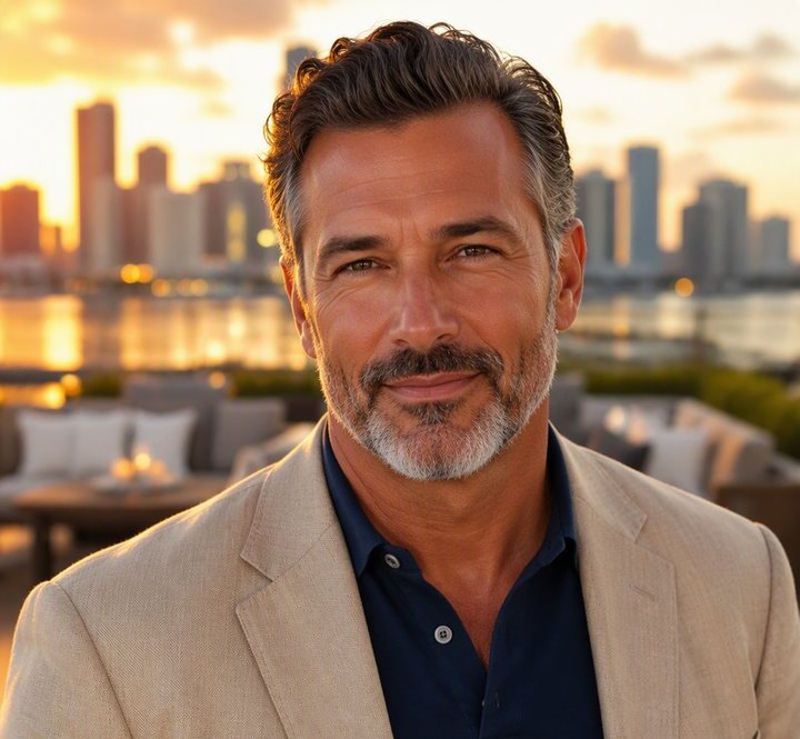Marcus, verified sugar daddy member in Downtown Miami, at a rooftop lounge at sunset