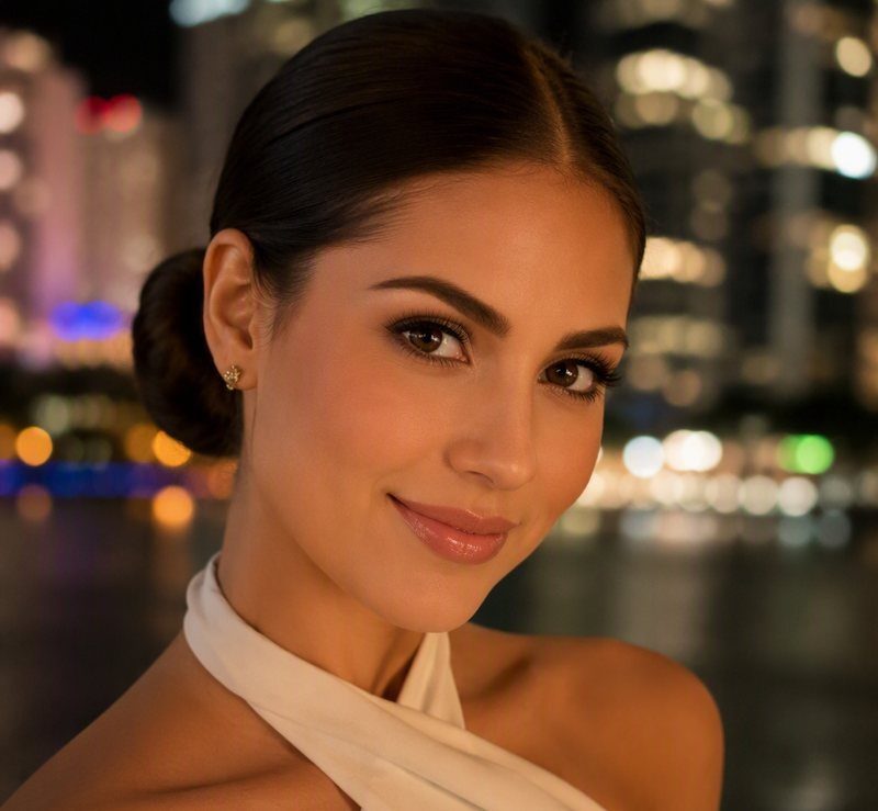 Valentina, verified sugar baby member in Brickell, with evening city lights behind her